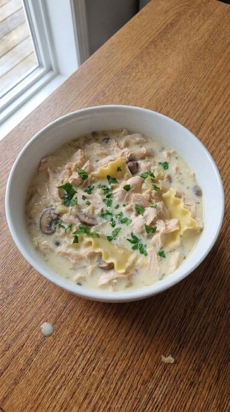 White Chicken Lasagna Soup single serving bowl with noodles chicken and herbs Recipe focus: alfredo lasagna soup. Recipe focus: creamy alfredo lasagna soup.
