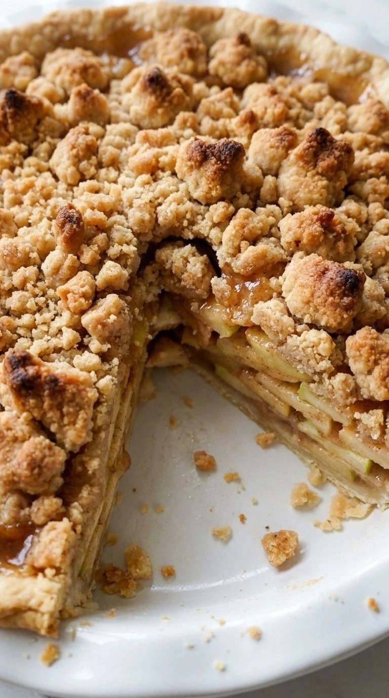 Apple Crumble Pie with golden buttery crumbs, cinnamon apples and a flaky crust in a round pie dish. Recipe focus: easy apple crumble pie.