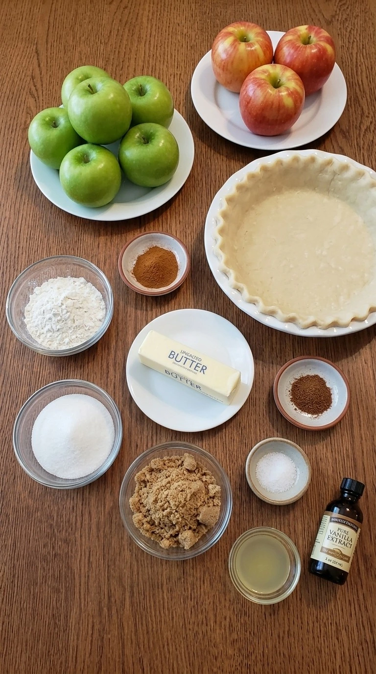 Apple Crumble Pie ingredients including Granny Smith apples, Honeycrisp apples, butter, flour and cinnamon. Recipe focus: thanksgiving apple crumble pie.
