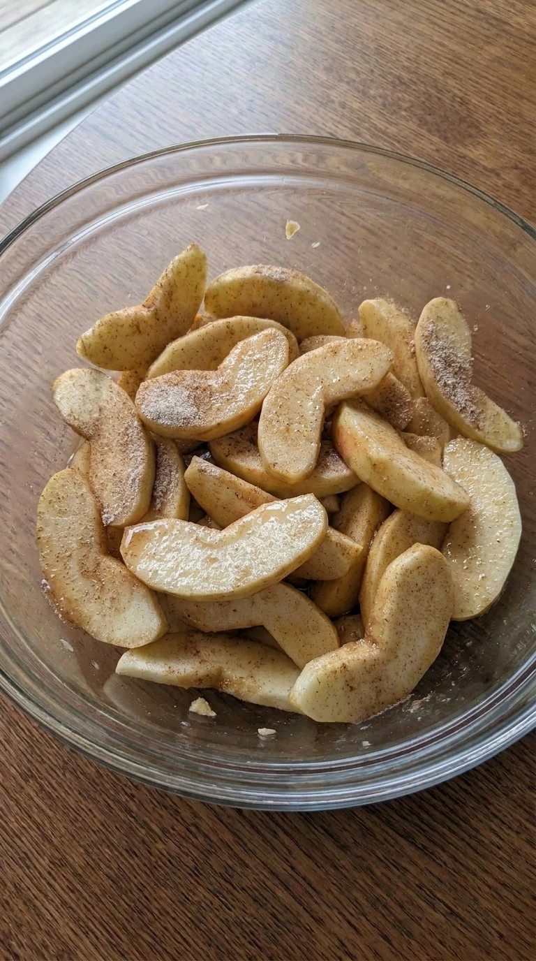Apple Crumble Pie filling with thin apple slices coated in cinnamon, sugar and flour. Recipe focus: apple crumble pie recipe.