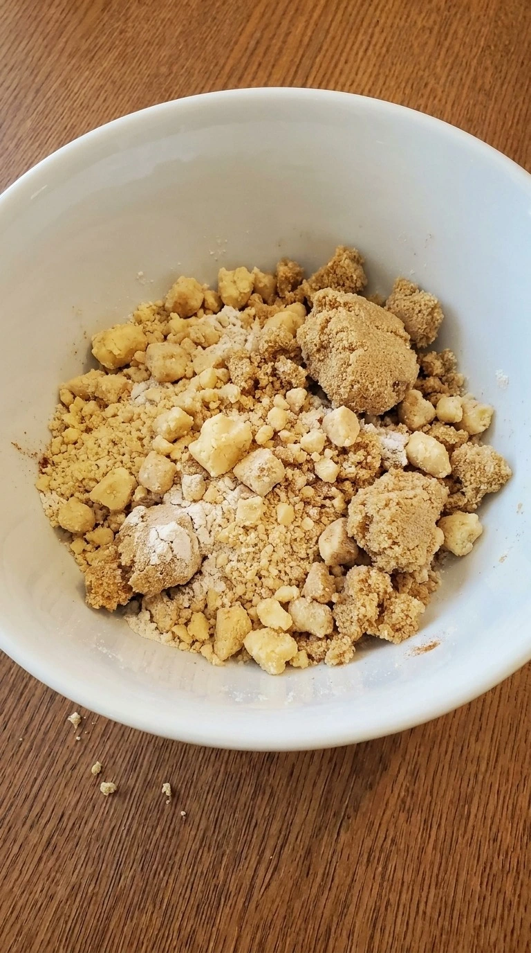 Apple Crumble Pie topping made with flour, brown sugar, cinnamon and cold butter in coarse crumbs. Recipe focus: thanksgiving apple crumble pie.