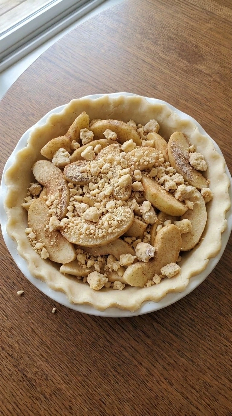 Apple Crumble Pie before baking with cinnamon apple filling and loose buttery crumbs in a pie crust. Recipe focus: easy apple crumble pie.