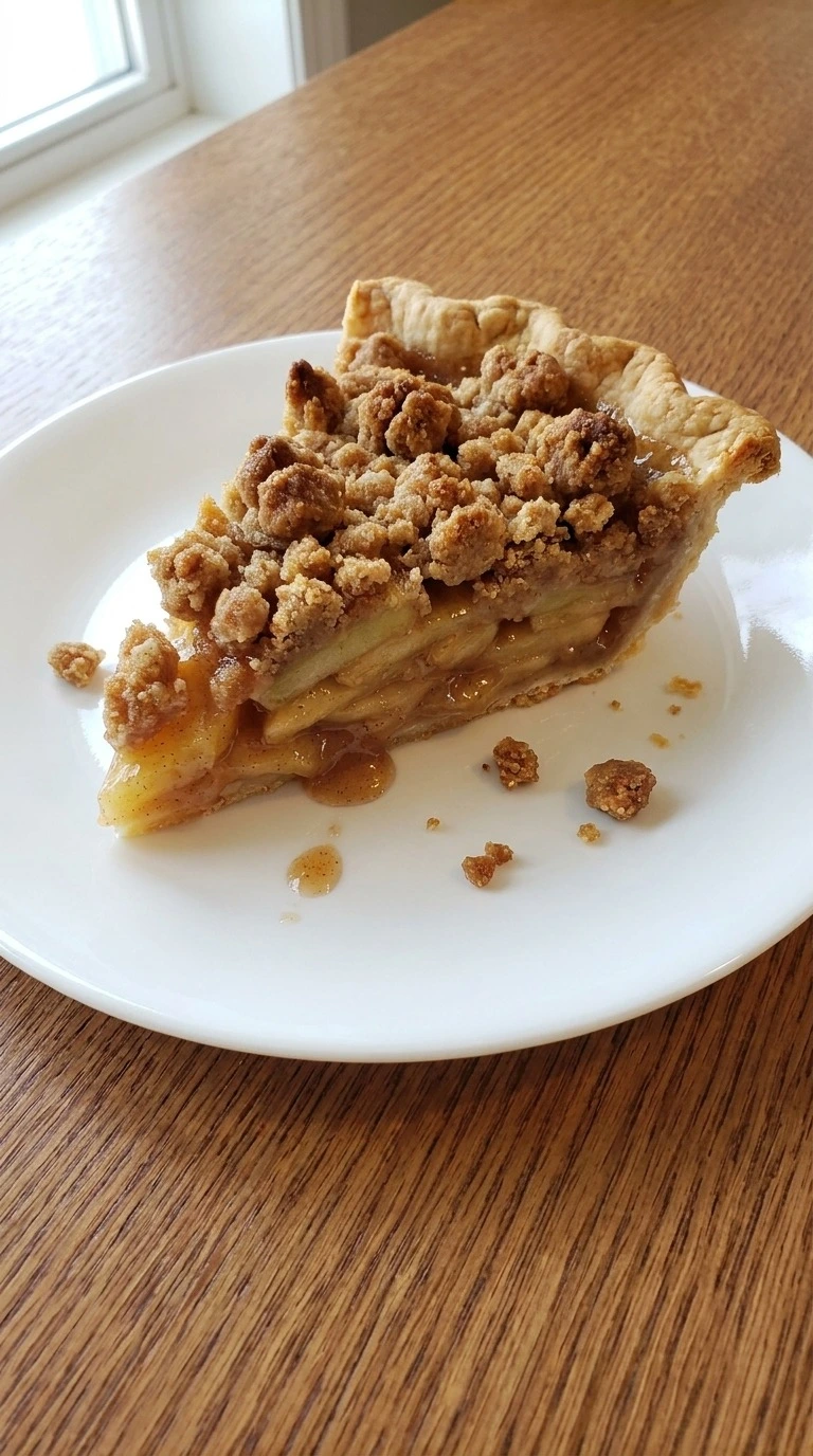 Apple Crumble Pie slice on a white dessert plate showing tender cinnamon apples and flaky crust. Recipe focus: apple crumble pie recipe.