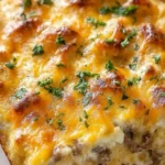 Biscuits and Gravy Breakfast Casserole with golden biscuits, sausage gravy and melted sharp cheddar Recipe focus: breakfast casserole with hashbrowns.