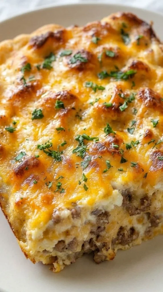 Biscuits and Gravy Breakfast Casserole with golden biscuits, sausage gravy and melted sharp cheddar Recipe focus: breakfast casserole with hashbrowns.