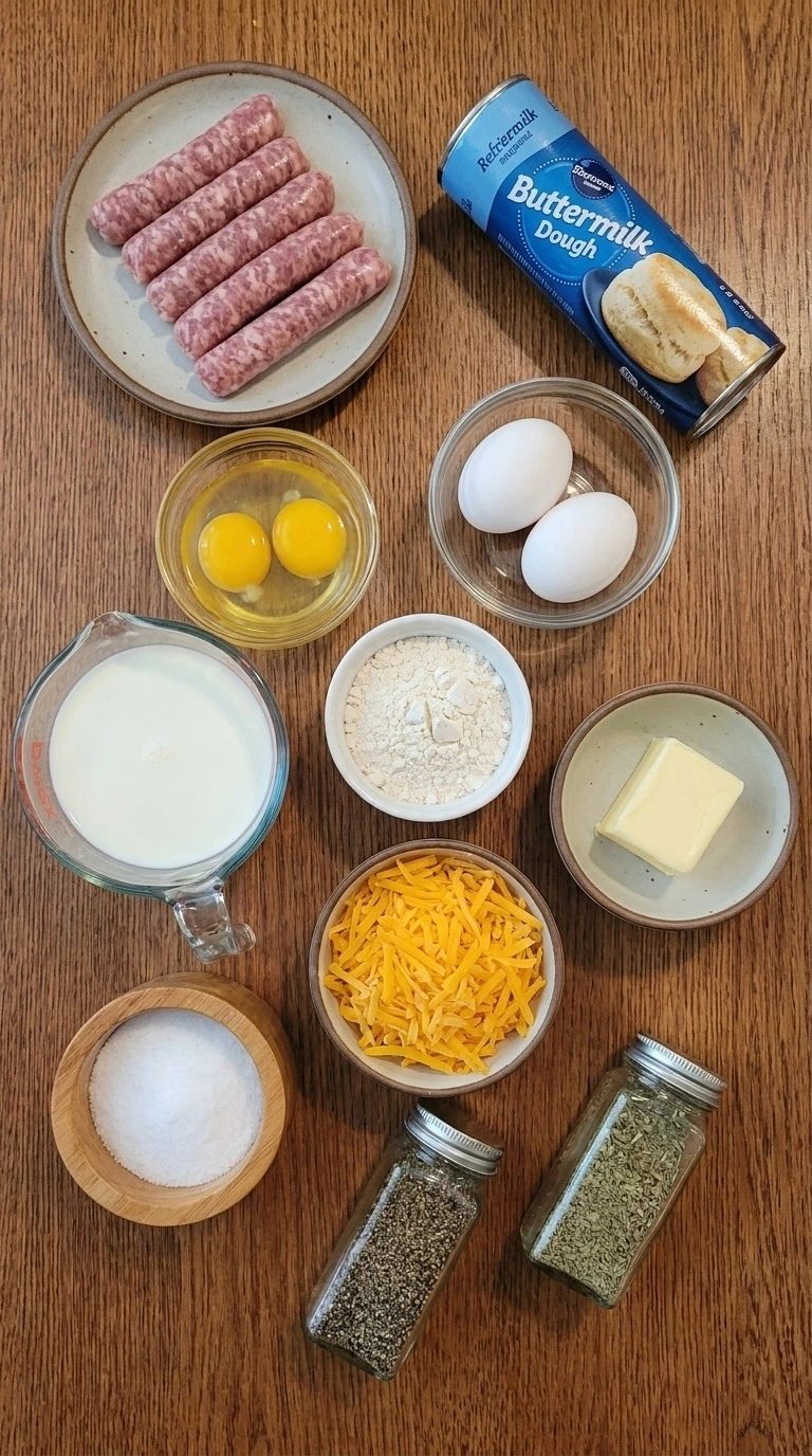 Biscuits and Gravy Breakfast Casserole ingredients including sausage, biscuit dough, eggs and sharp cheddar Recipe focus: tater tot breakfast casserole.