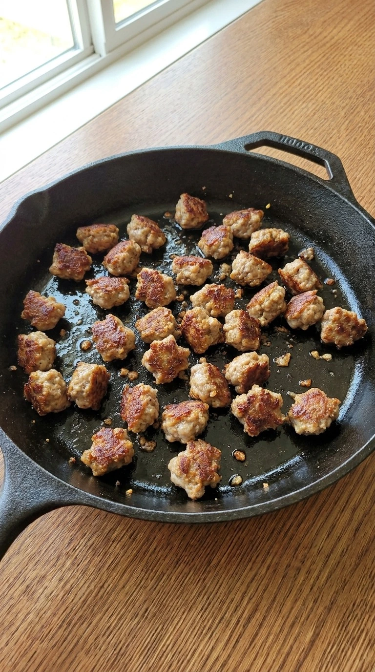 Browning pork sausage for Biscuits and Gravy Breakfast Casserole until deeply golden at the edges Recipe focus: overnight breakfast casserole.