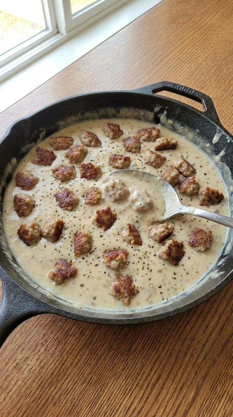 Thick sausage gravy for Biscuits and Gravy Breakfast Casserole with browned sausage and black pepper Recipe focus: breakfast casserole with hashbrowns.