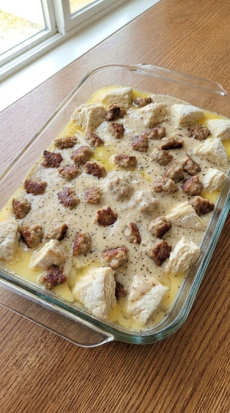 Layering biscuit wedges and sausage gravy for Biscuits and Gravy Breakfast Casserole before baking Recipe focus: breakfast casserole with hashbrowns.