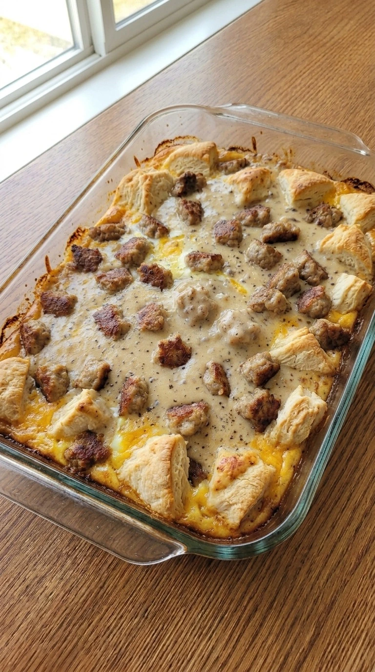 Baked Biscuits and Gravy Breakfast Casserole with golden biscuits and melted sharp cheddar Recipe focus: easy breakfast casserole.
