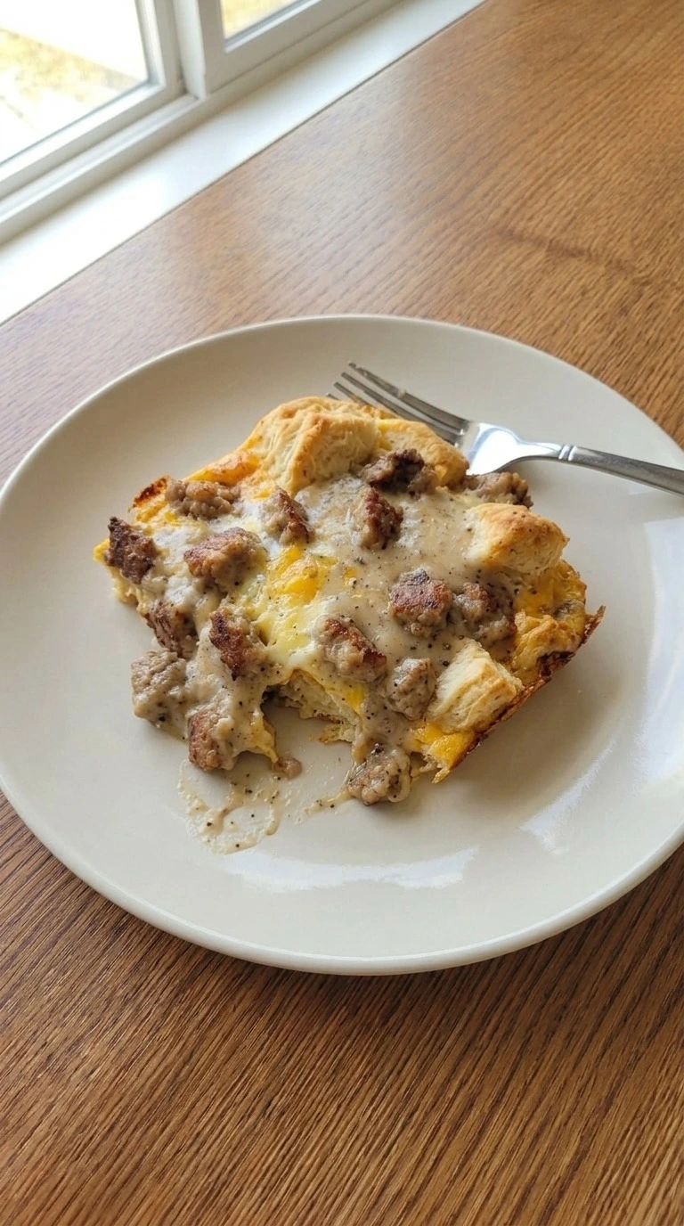 Served Biscuits and Gravy Breakfast Casserole showing biscuit layers, sausage gravy and melted cheddar Recipe focus: tater tot breakfast casserole.