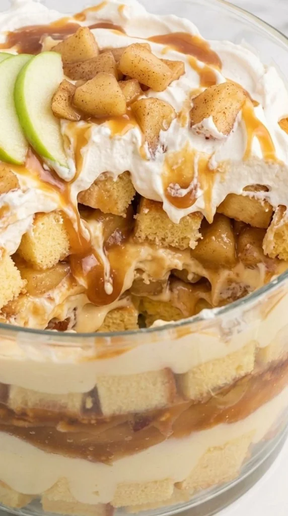 Carmel Apple Trifle Fall Desserts with cinnamon apples, vanilla cake, whipped cream and caramel in a glass bowl