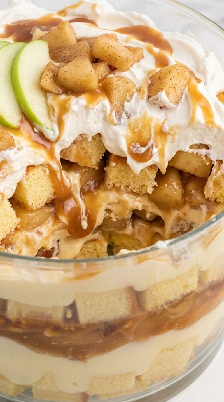 Carmel Apple Trifle Fall Desserts with cinnamon apples, vanilla cake, whipped cream and caramel in a glass bowl