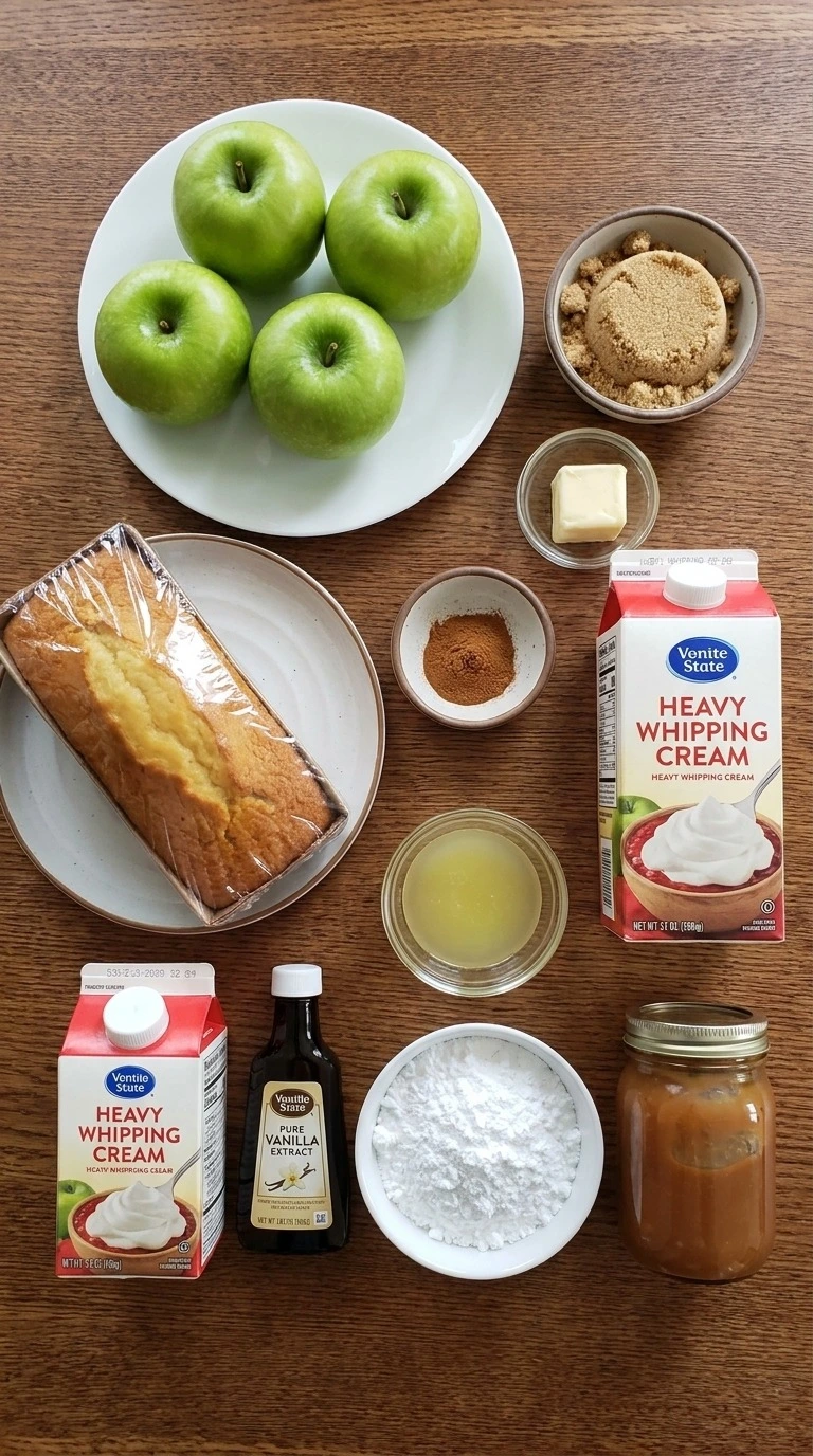 Ingredients for Carmel Apple Trifle Fall Desserts including Granny Smith apples, vanilla pound cake, cream and caramel
