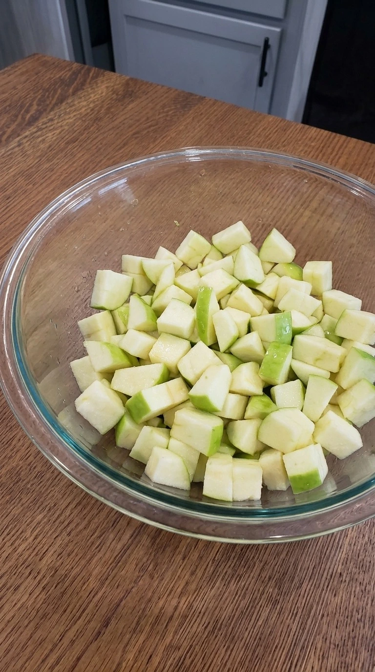 Fresh diced Granny Smith apples tossed with lemon juice for Carmel Apple Trifle Fall Desserts