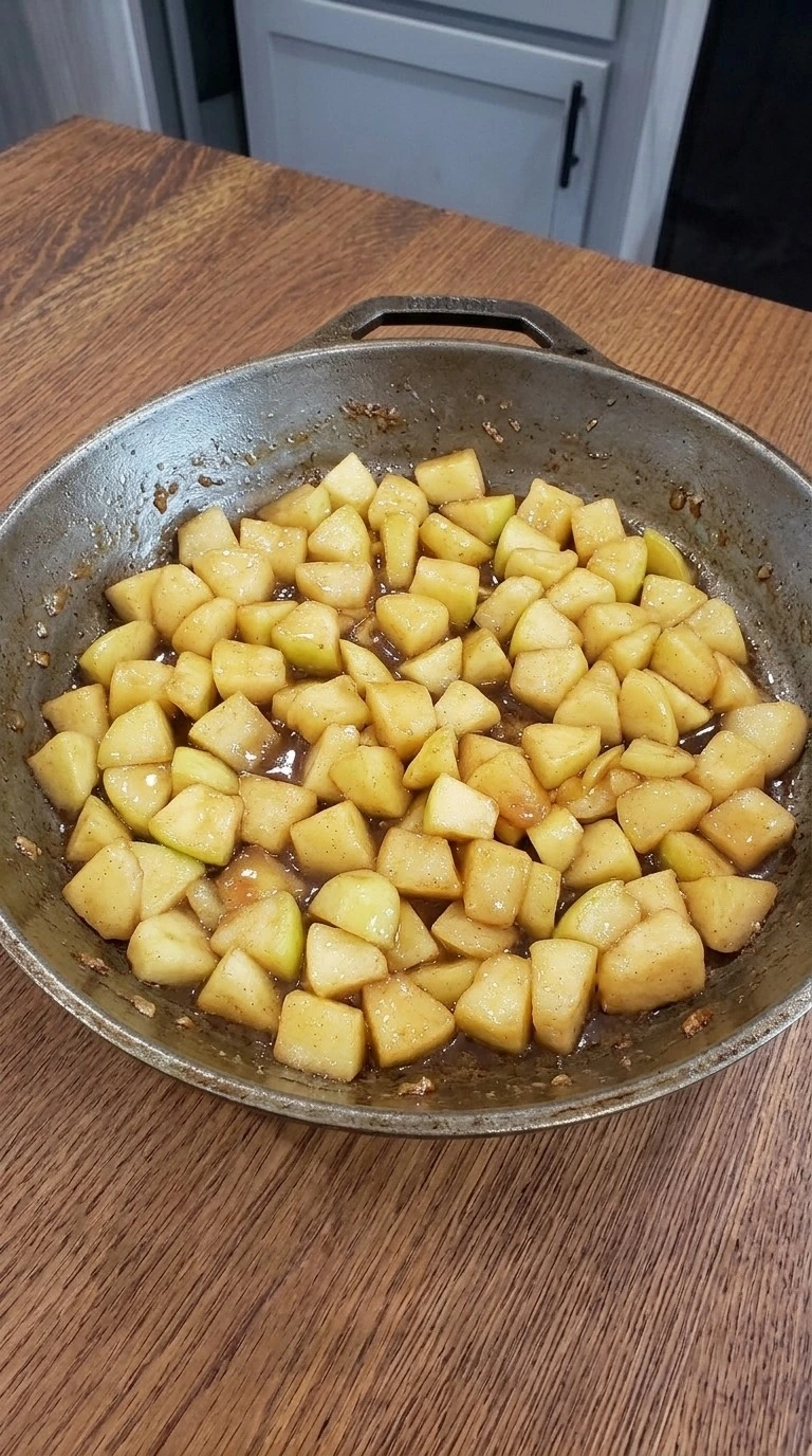 Golden cinnamon apples softening in a skillet for Carmel Apple Trifle Fall Desserts