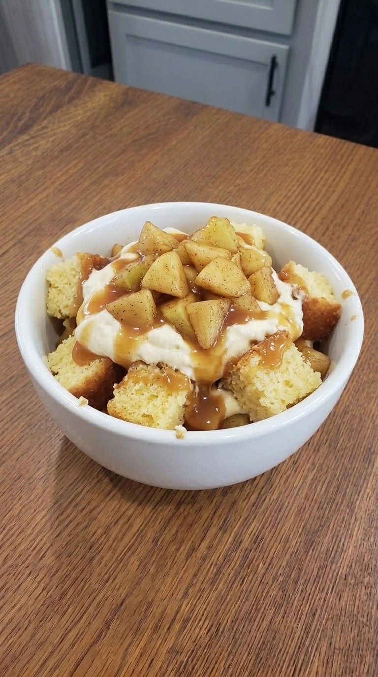 Individual serving of Carmel Apple Trifle Fall Desserts with soft cake, cinnamon apples and caramel cream