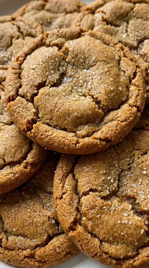 Chewy Gingerbread Cookies with soft centers and cracked spiced surfaces on a plate Recipe focus: soft and chewy gingerbread cookies.