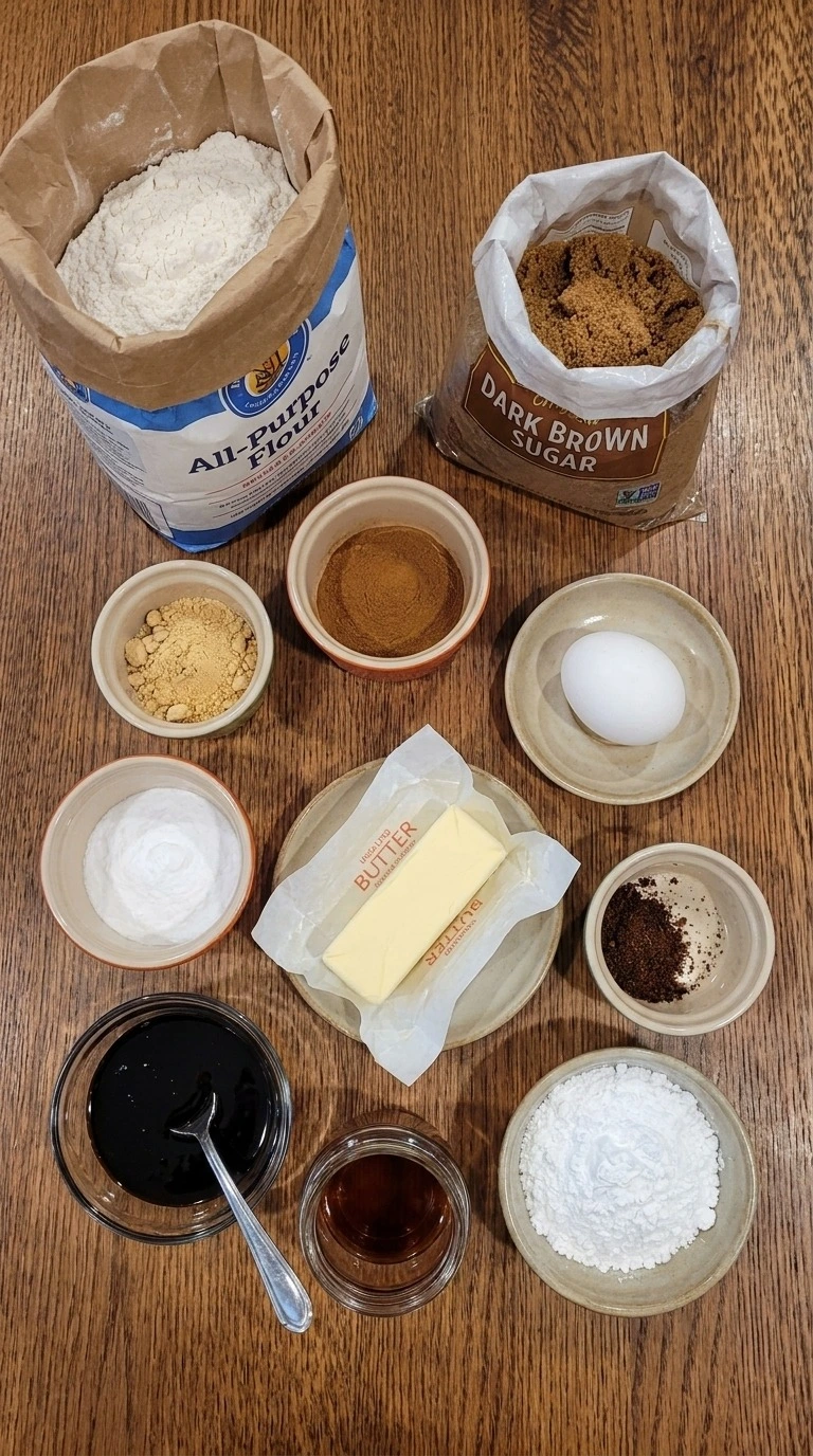 Chewy Gingerbread Cookies ingredients with flour molasses spices and eggs arranged separately Recipe focus: chewy gingerbread men cookies.