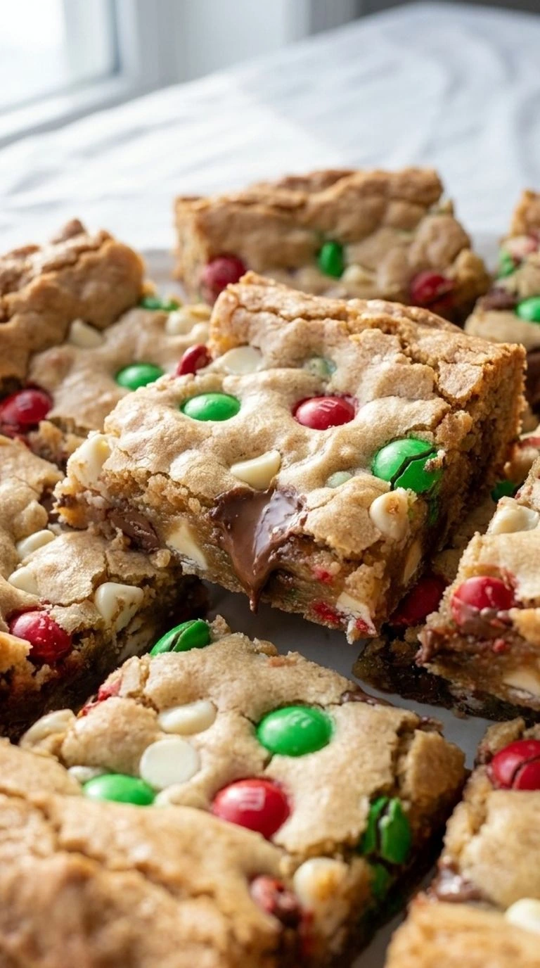 Christmas Cookie Bars sliced into homemade squares with colorful candy pieces Recipe focus: cookie bars christmas.