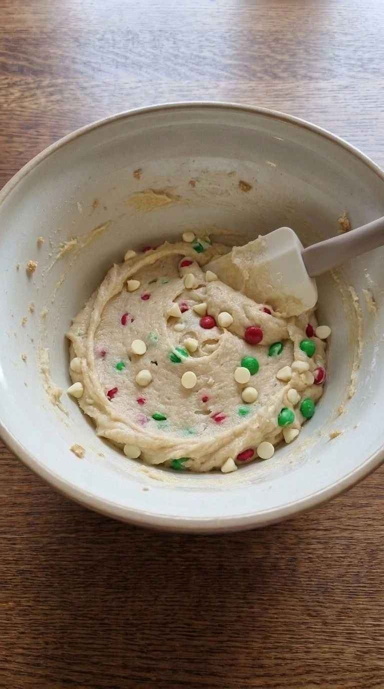 Christmas Cookie Bars dough with candy pieces and chocolate chips mixed Recipe focus: cookie bars christmas.