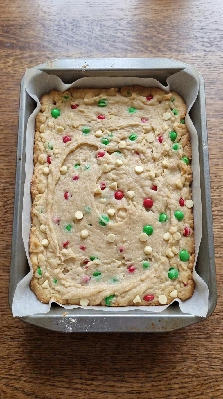 Christmas Cookie Bars dough pressed in baking pan before oven baking Recipe focus: christmas cookie bars easy.
