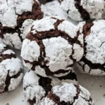 Christmas Crinkle Cookies with snowy powdered sugar cracks and soft chocolate centers on a white serving plate. Recipe focus: christmas crinkle cookies easy.