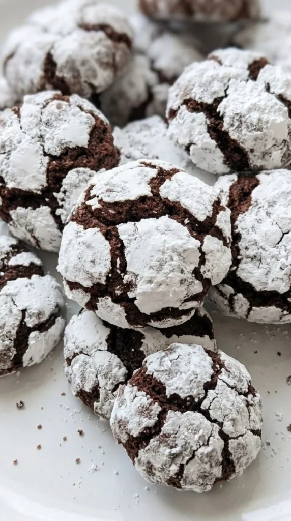 Christmas Crinkle Cookies with snowy powdered sugar cracks and soft chocolate centers on a white serving plate. Recipe focus: christmas crinkle cookies easy.
