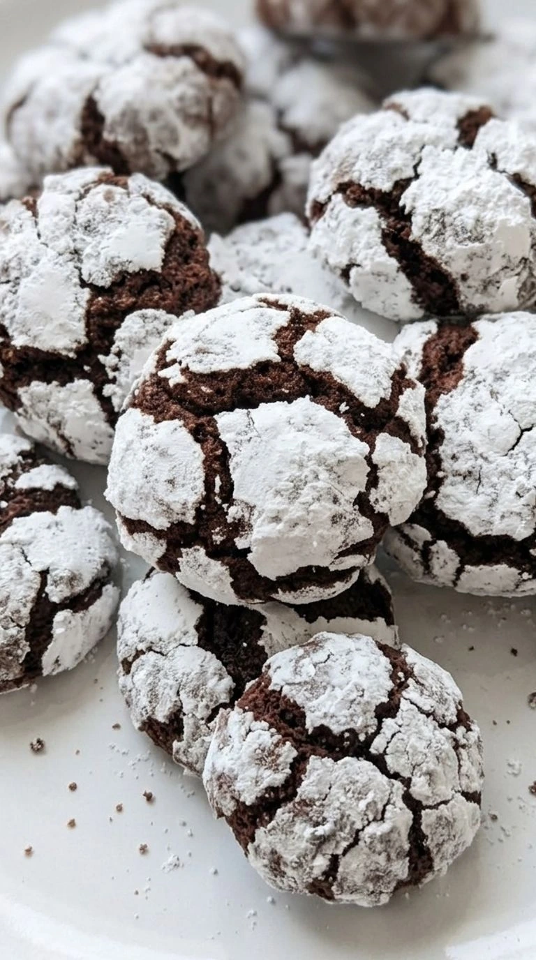 Christmas Crinkle Cookies with snowy powdered sugar cracks and soft chocolate centers on a white serving plate. Recipe focus: christmas crinkle cookies easy.