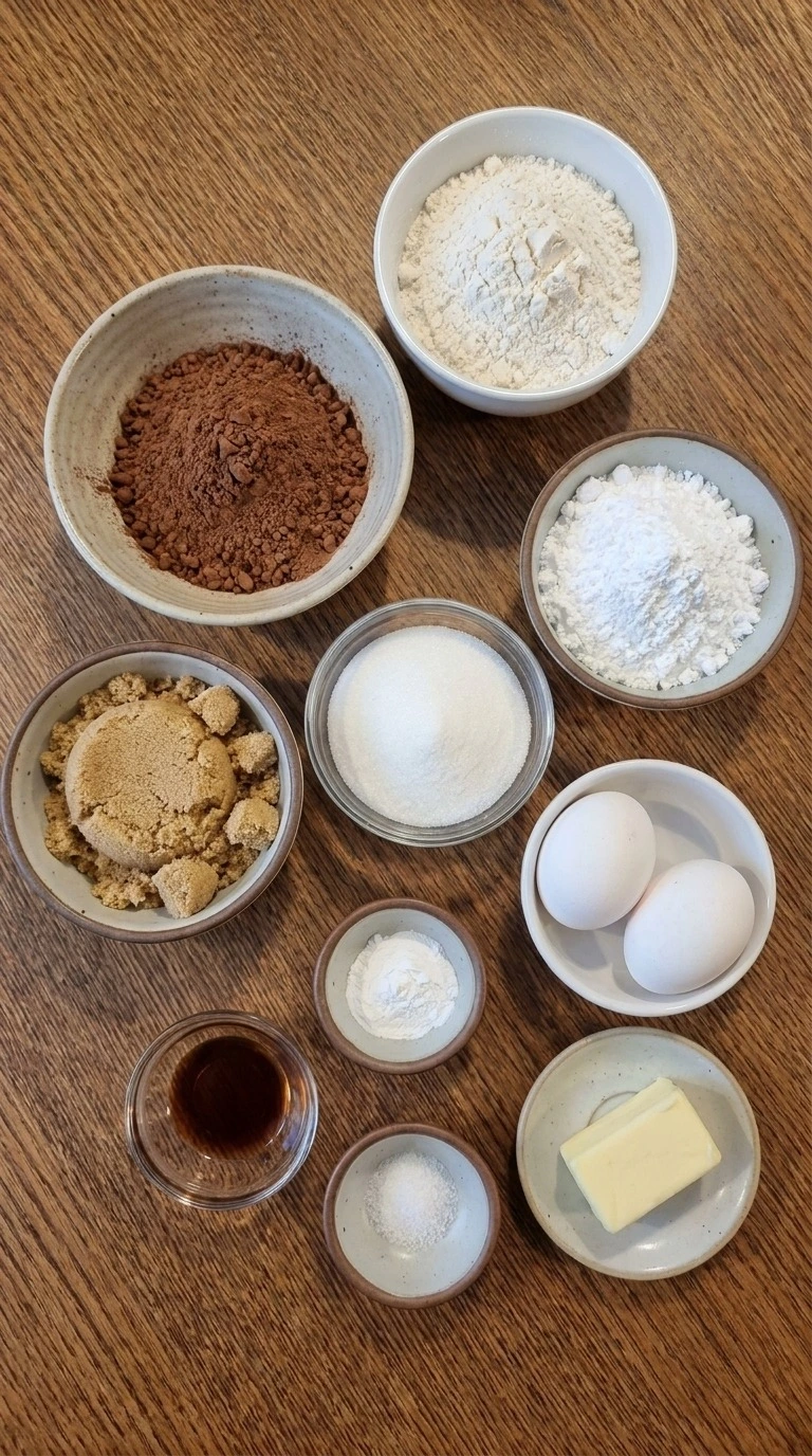 Christmas Crinkle Cookies ingredients including cocoa powder, flour, eggs, butter and two types of sugar. Recipe focus: christmas cookies easy.