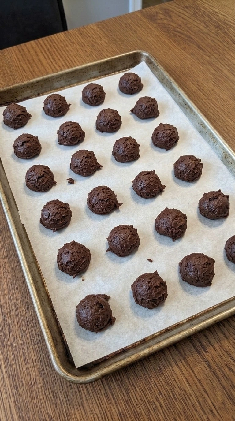 Christmas Crinkle Cookies dough divided into 24 dark chocolate balls on a lined baking sheet. Recipe focus: christmas cookies.