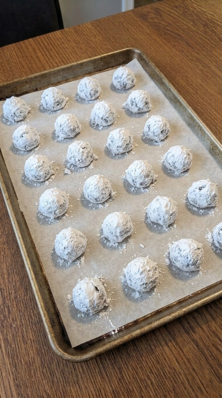 Christmas Crinkle Cookies dough balls coated in thick powdered sugar before baking. Recipe focus: easy christmas cookies simple.