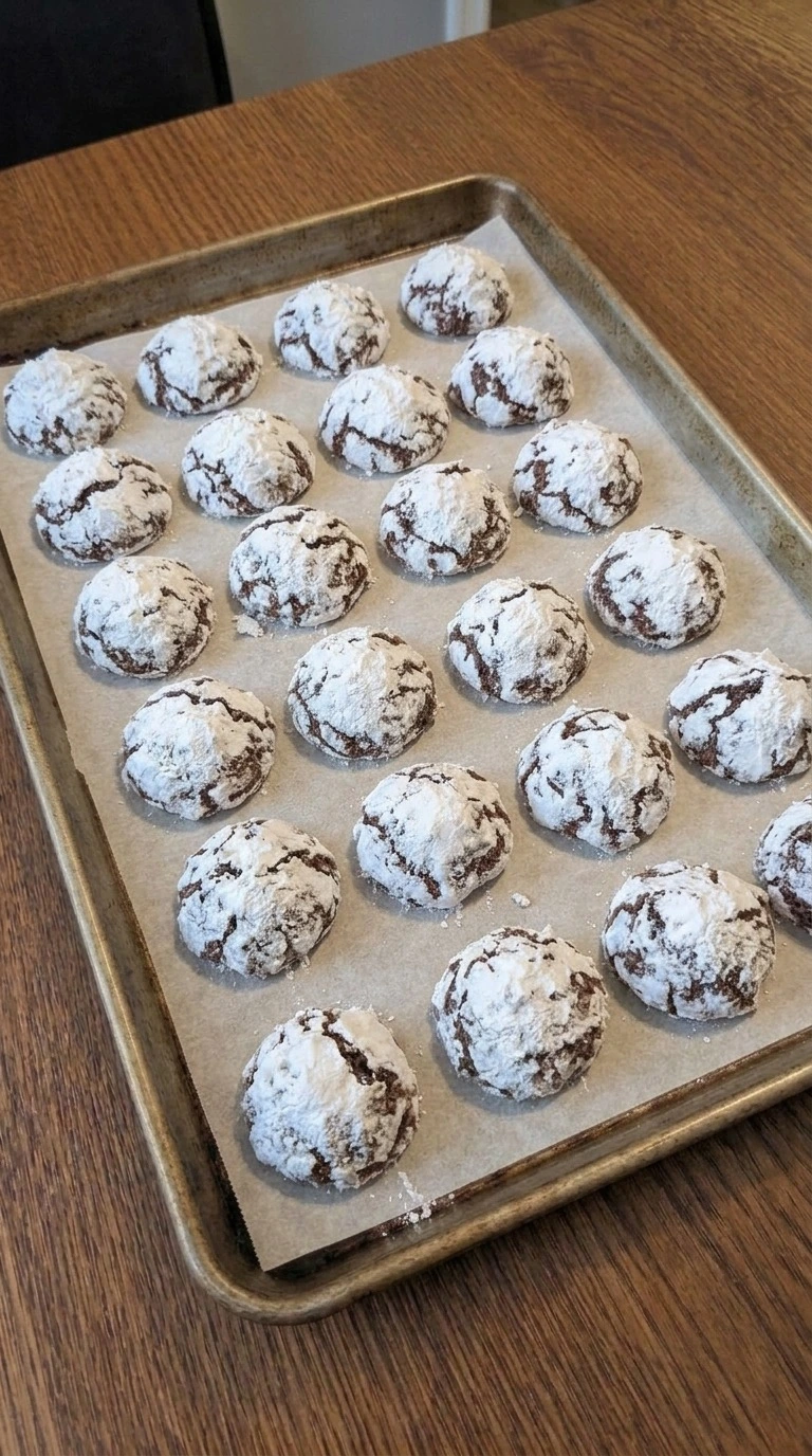 Christmas Crinkle Cookies baked with deep chocolate cracks and bright powdered sugar tops. Recipe focus: christmas cookies easy.