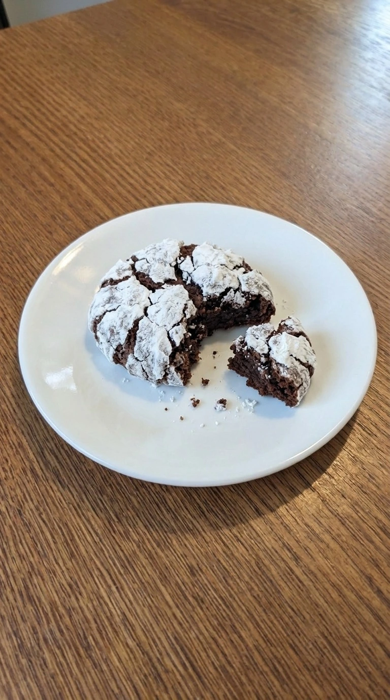 Christmas Crinkle Cookies single serving with a broken edge revealing a soft chocolate center. Recipe focus: christmas cookies sugar cookie.