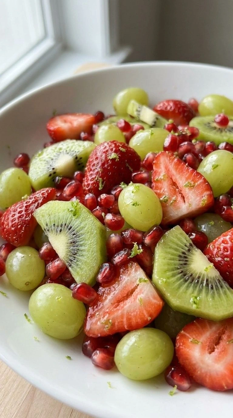 Christmas Fruit Salad with red strawberries, green kiwi, grapes and pomegranate seeds in a white serving bowl Recipe focus: christmas salad.