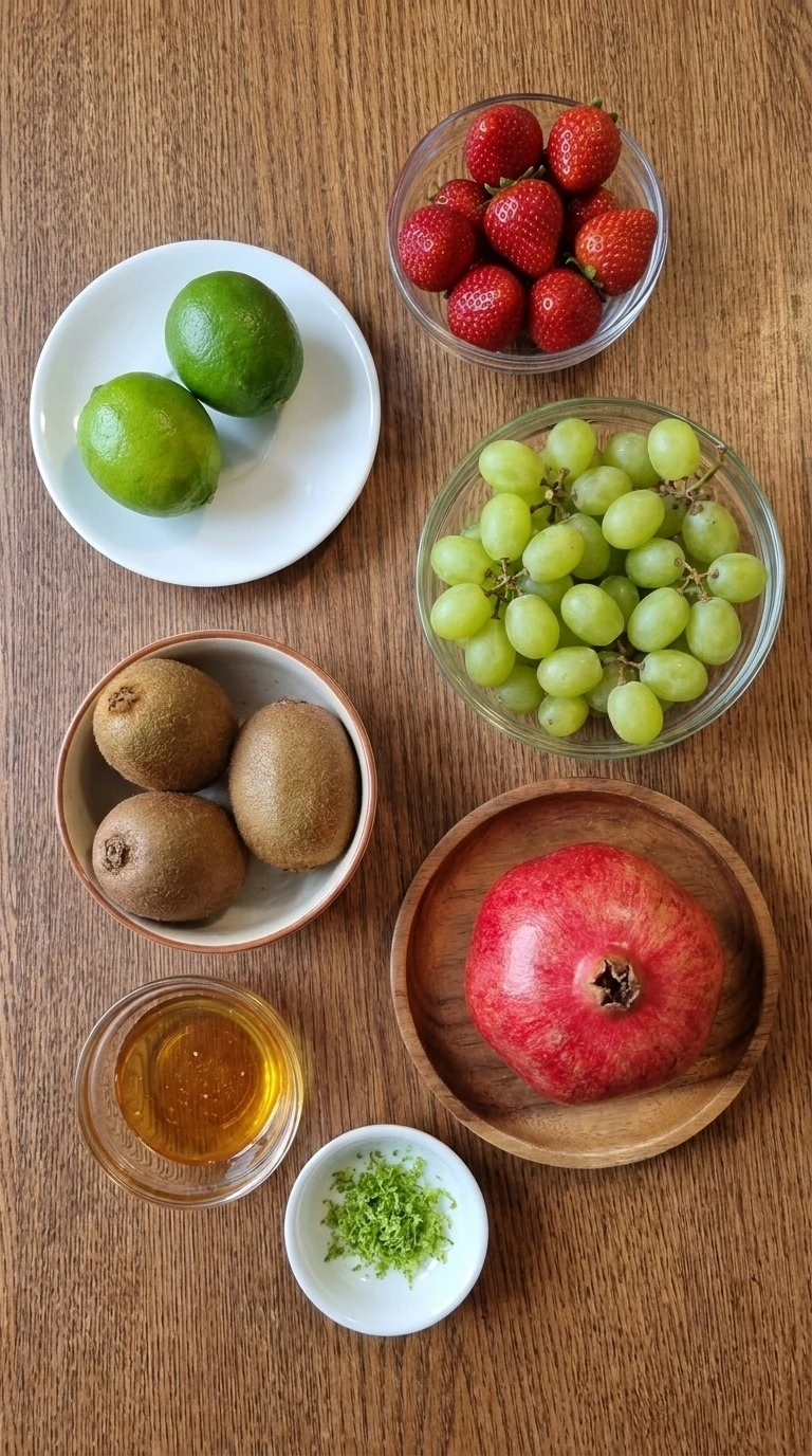 Christmas Fruit Salad ingredients including whole strawberries, kiwifruit, grapes, pomegranate, limes and honey Recipe focus: green christmas salad.
