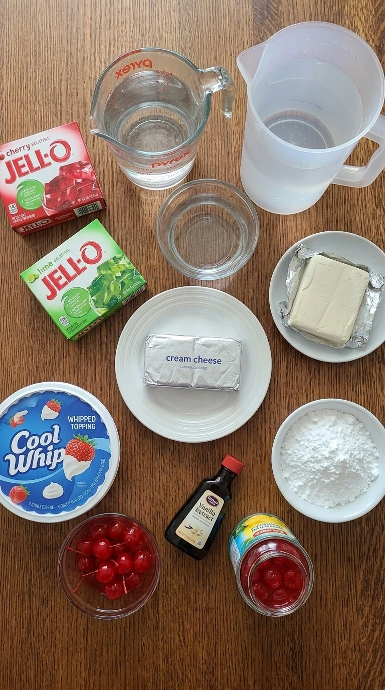 Christmas Jello Salad ingredients including gelatin fruit and cream mixture Recipe focus: green christmas salad.