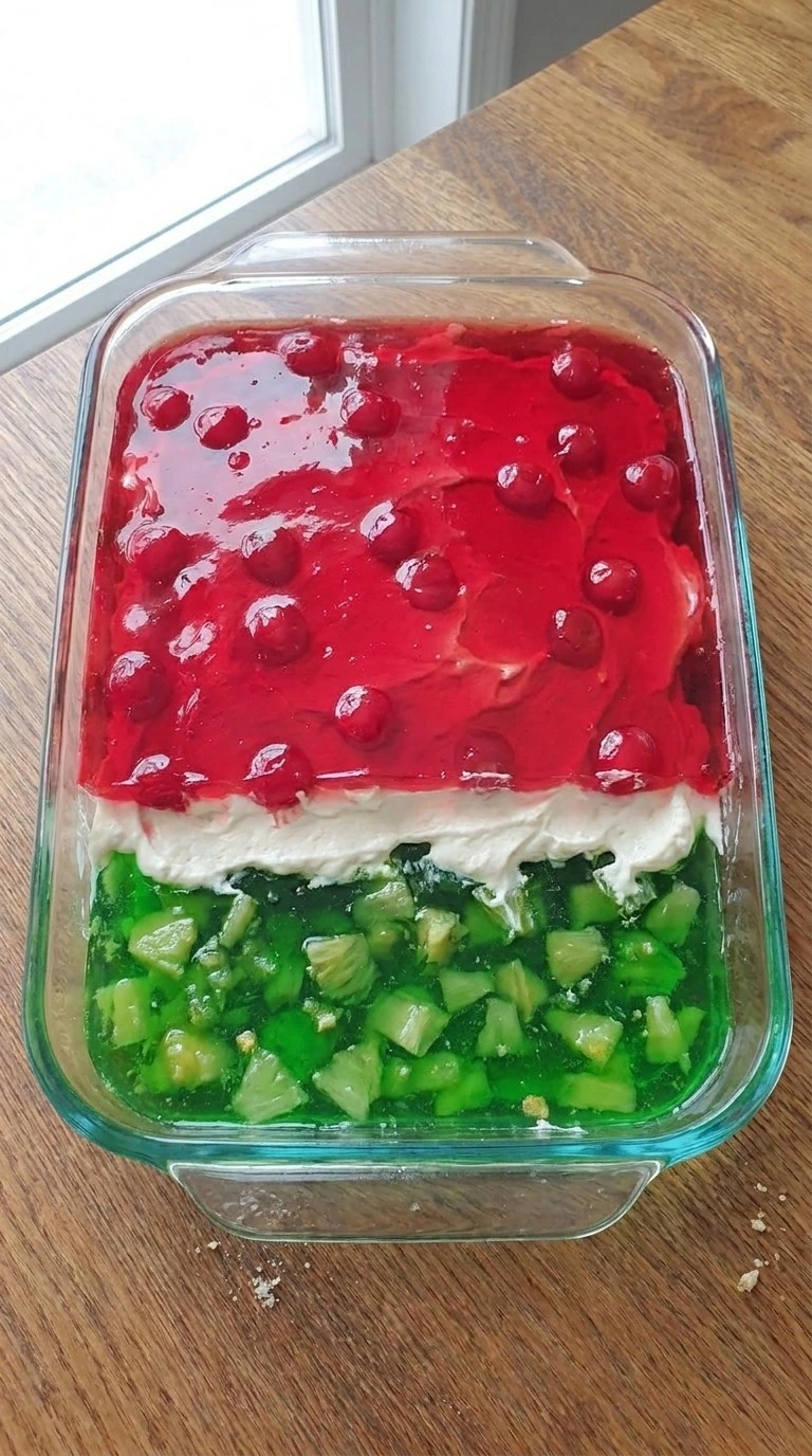 Christmas Jello Salad layers forming with fruit and creamy filling Recipe focus: green christmas salad.