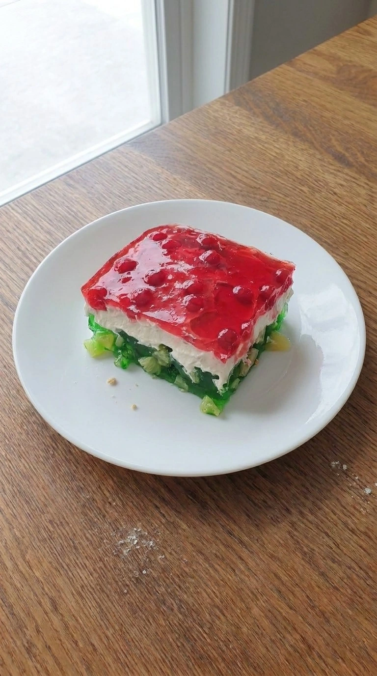 Christmas Jello Salad slice served with visible holiday gelatin layers Recipe focus: christmas salad.