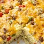 Christmas Morning Breakfast Casserole with golden cheddar crust, sausage and hash browns in a baking dish Recipe focus: breakfast casserole with hashbrowns.