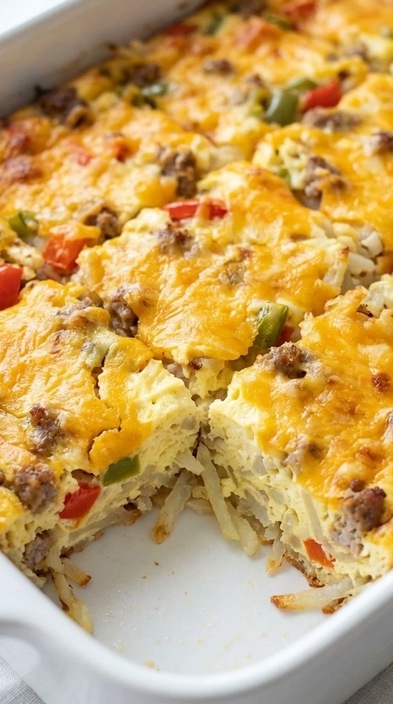 Christmas Morning Breakfast Casserole with golden cheddar crust, sausage and hash browns in a baking dish Recipe focus: breakfast casserole with hashbrowns.