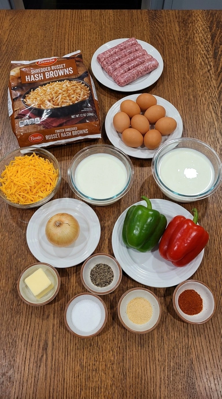 Christmas Morning Breakfast Casserole ingredients including hash browns, eggs, sausage, cheddar and peppers Recipe focus: tater tot breakfast casserole.