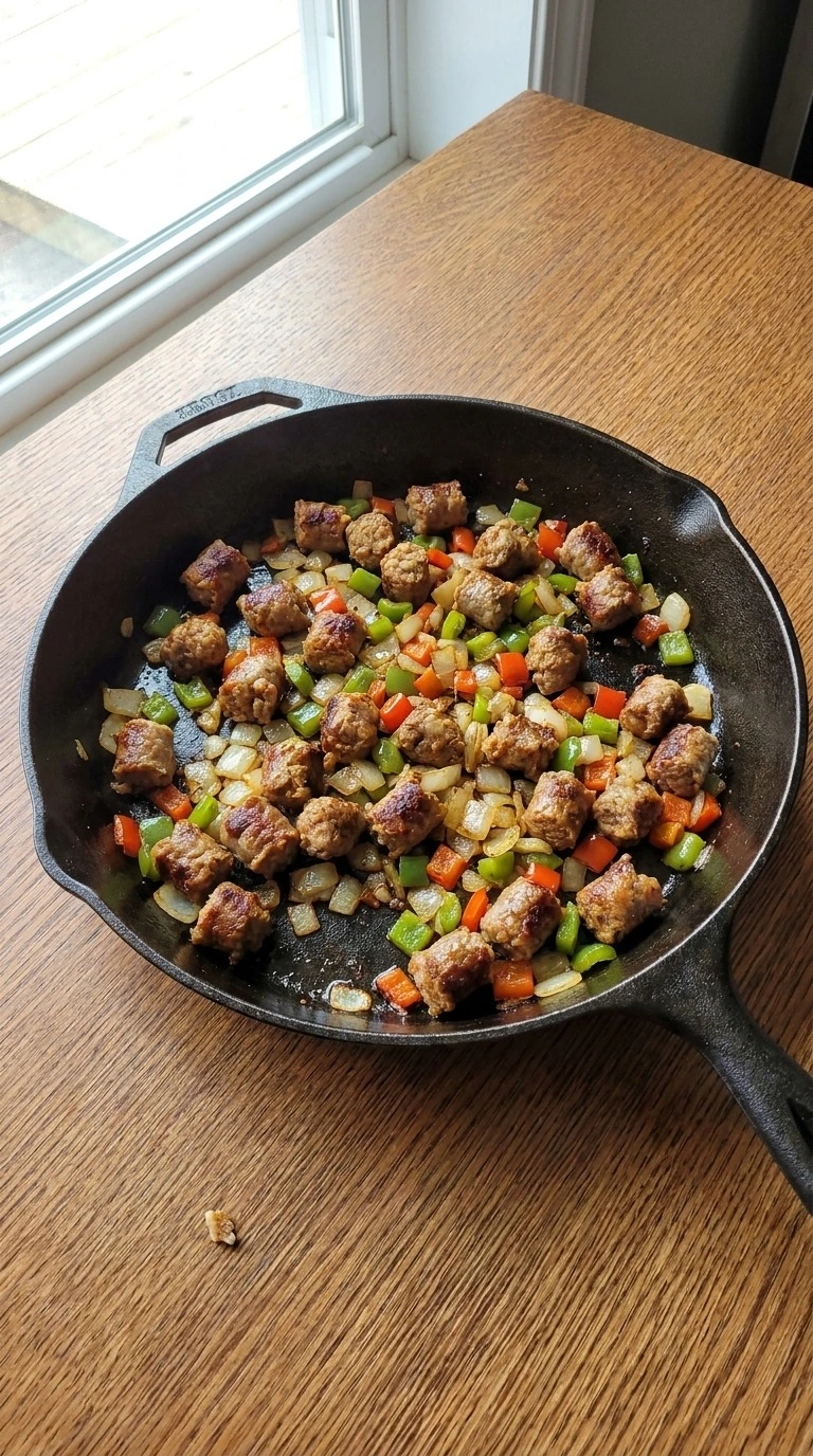Christmas Morning Breakfast Casserole sausage browning with diced bell peppers and yellow onion Recipe focus: overnight breakfast casserole.