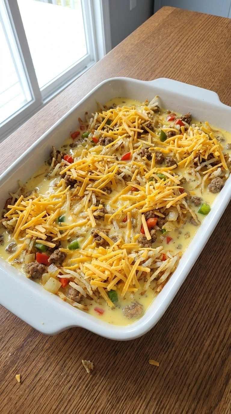 Christmas Morning Breakfast Casserole assembled in a baking dish with shredded cheddar on top Recipe focus: easy breakfast casserole.