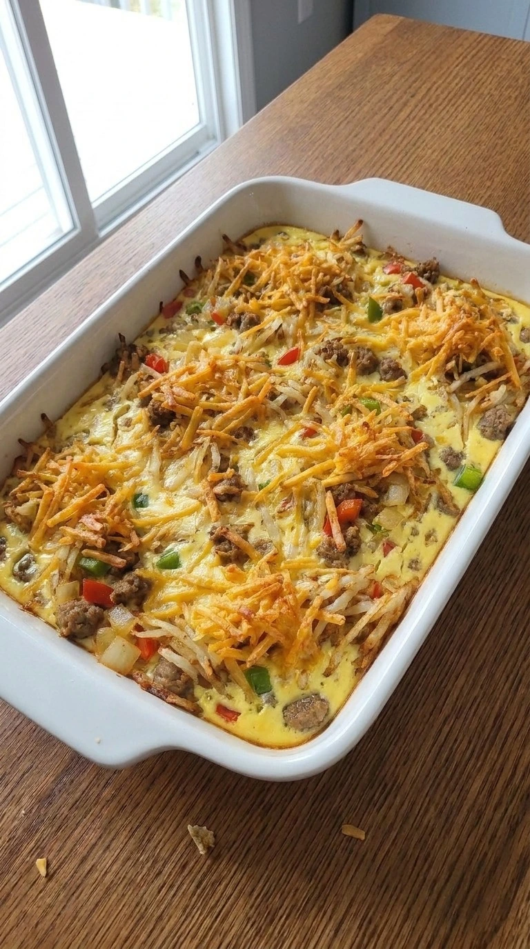 Christmas Morning Breakfast Casserole baked with golden cheddar topping and crisp potato edges Recipe focus: tater tot breakfast casserole.