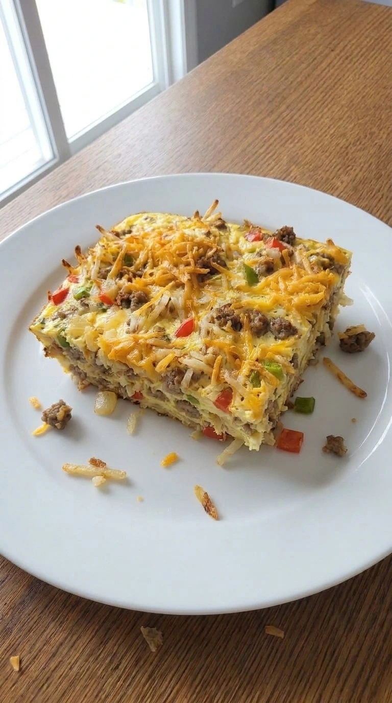 Christmas Morning Breakfast Casserole square showing egg, sausage, cheddar and hash brown layers Recipe focus: hashbrown breakfast casserole.
