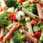 Christmas Pasta Salad with colorful penne and vegetables in a serving bowl Recipe focus: christmas salad.
