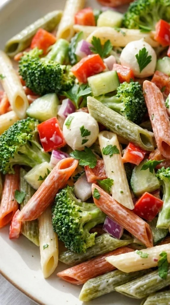 Christmas Pasta Salad with colorful penne and vegetables in a serving bowl Recipe focus: christmas salad.