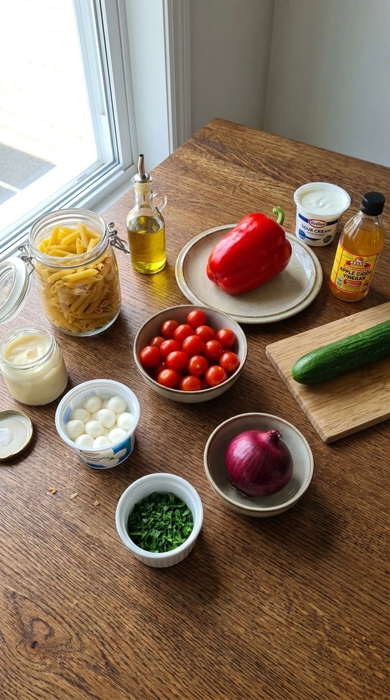 Christmas Pasta Salad ingredients with penne vegetables and dressing components Recipe focus: green christmas salad.