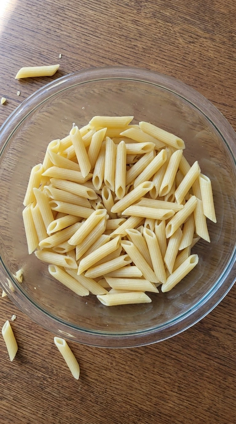 Christmas Pasta Salad penne cooling after cooking with separated pasta pieces Recipe focus: green christmas salad.
